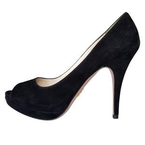 Size 38 Prada Black Suede Platform Peep Toe Pumps